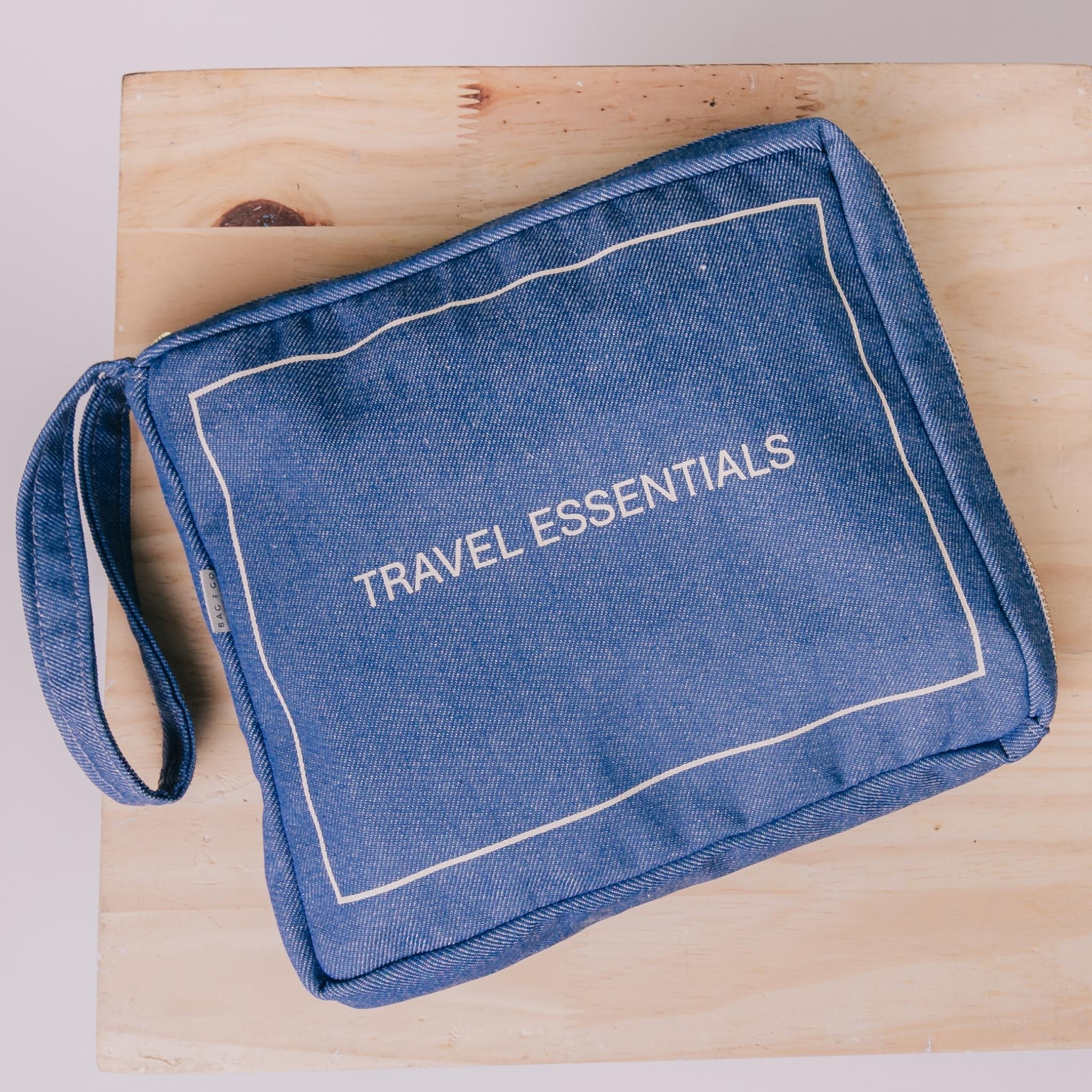 Necessaire organizadora para documentos Travel Essentials jeans em algodão natural Bag2Go