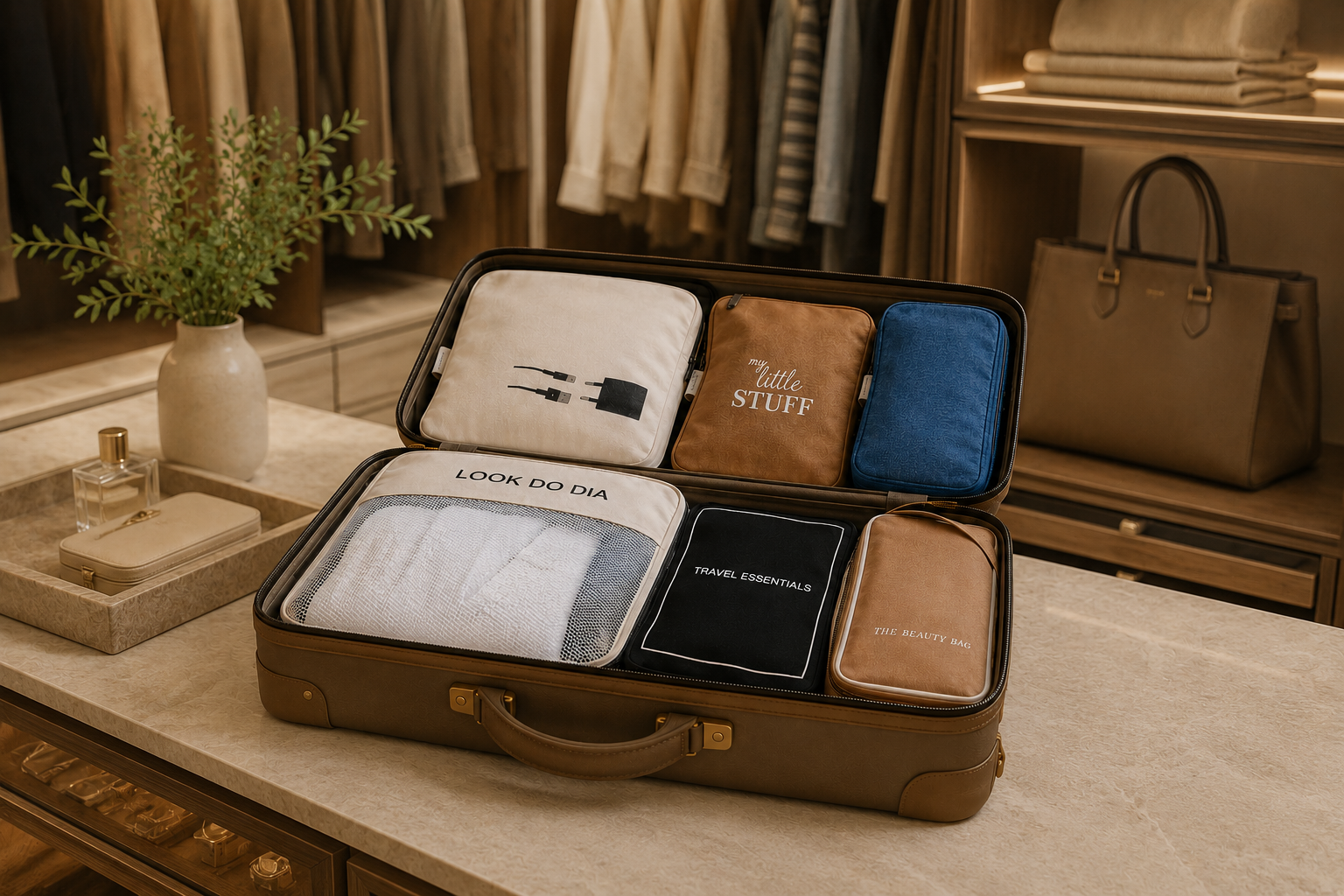 Quiet luxury aplicado à organização de viagem com organizadores Bag2Go em algodão natural