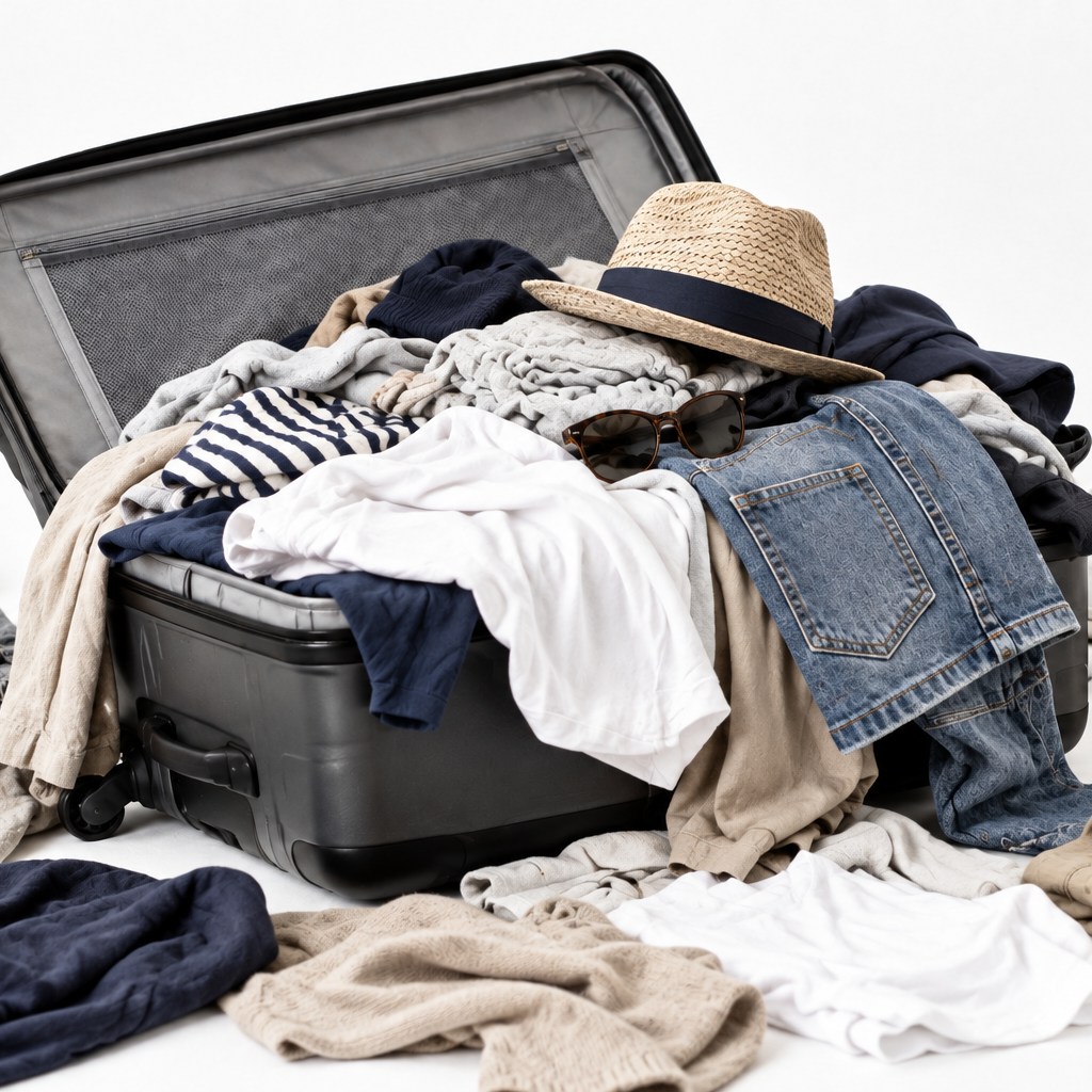 Mala de viagem aberta com roupas organizadas em tons neutros